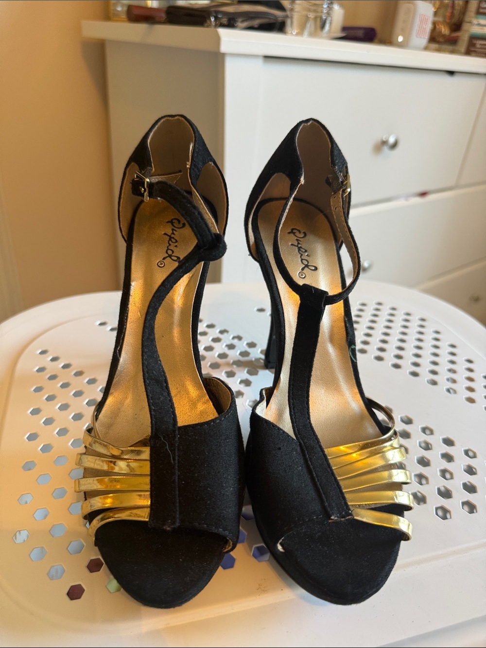 Qupid Black and Gold T-Strap High Heels
